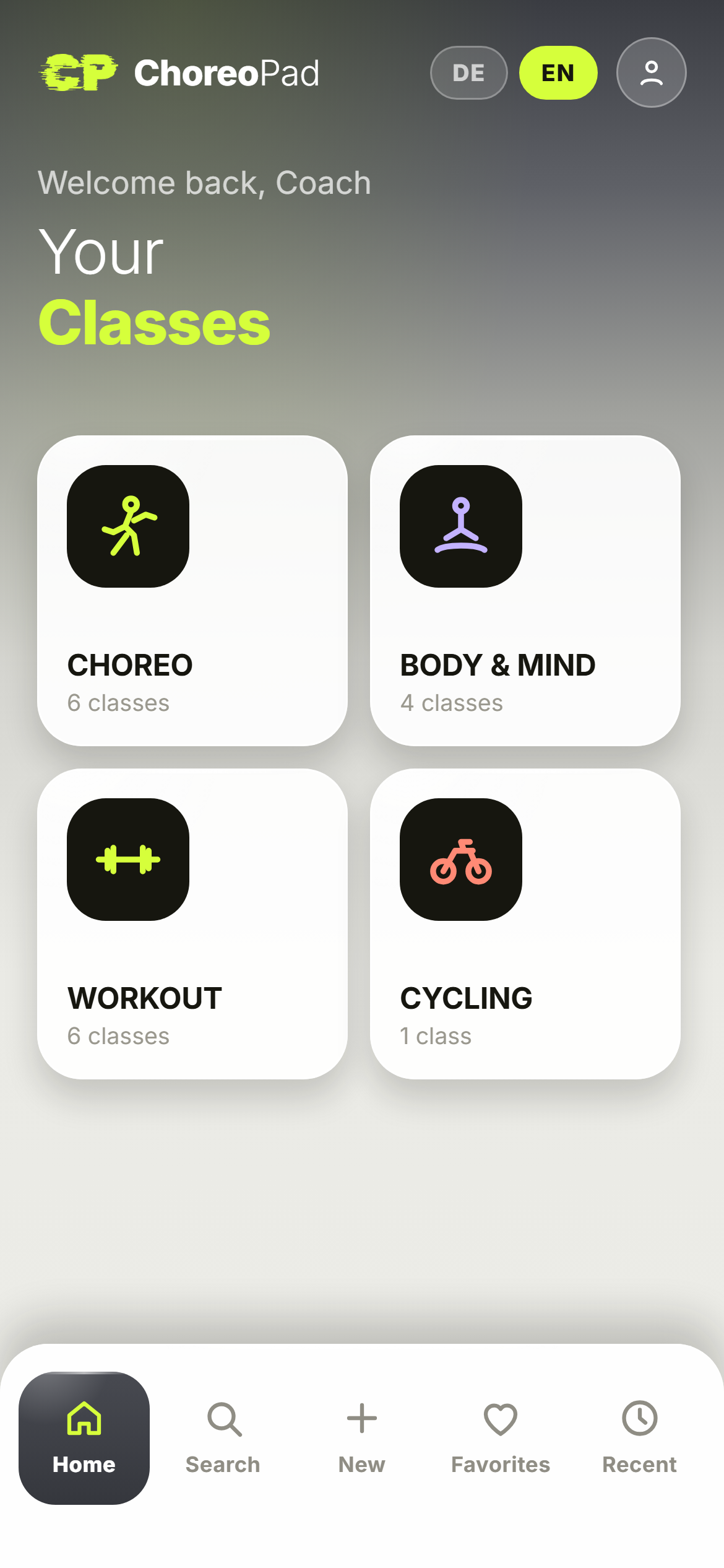 ChoreoPad: home screen with class categories