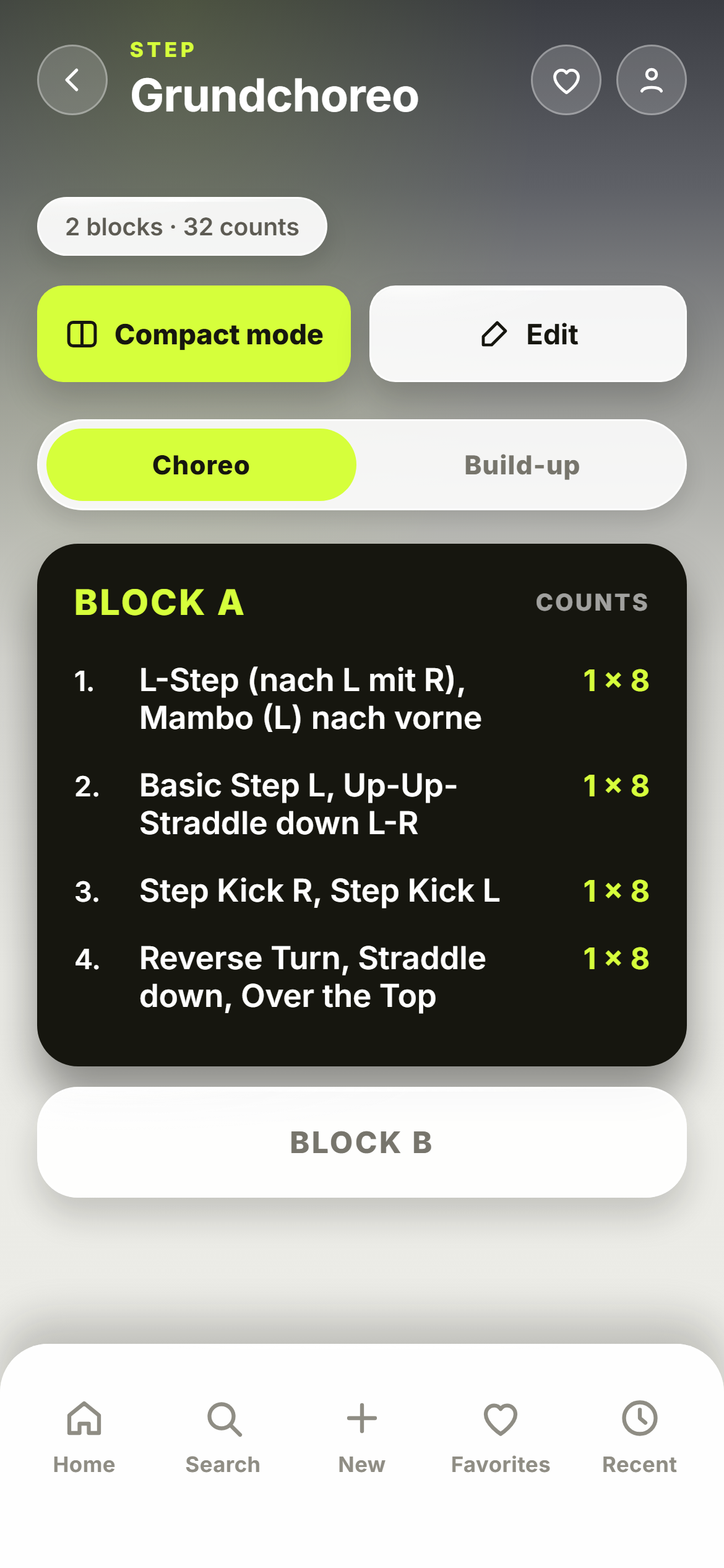 ChoreoPad: class plan view with Block A and counts