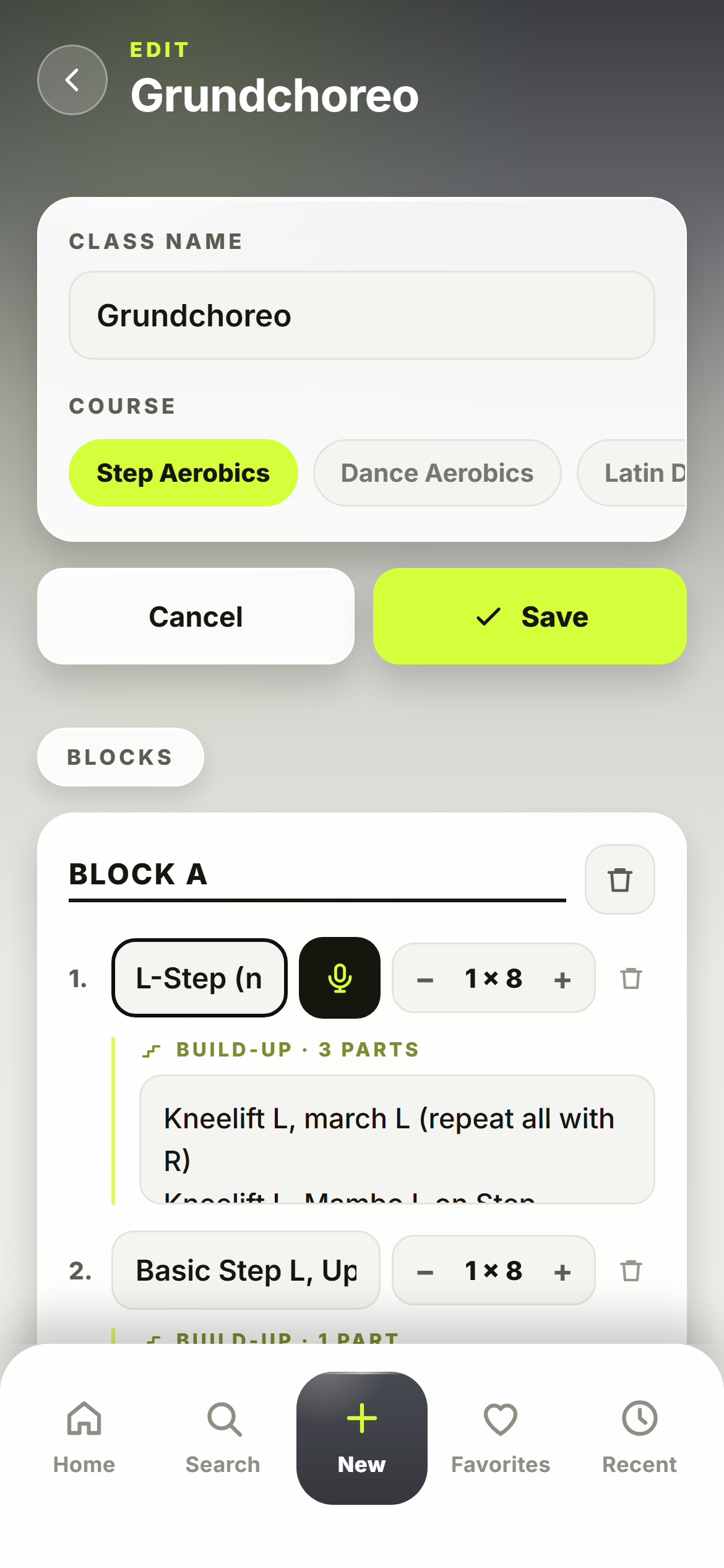 ChoreoPad: microphone button next to the step field, with the saved build-up below