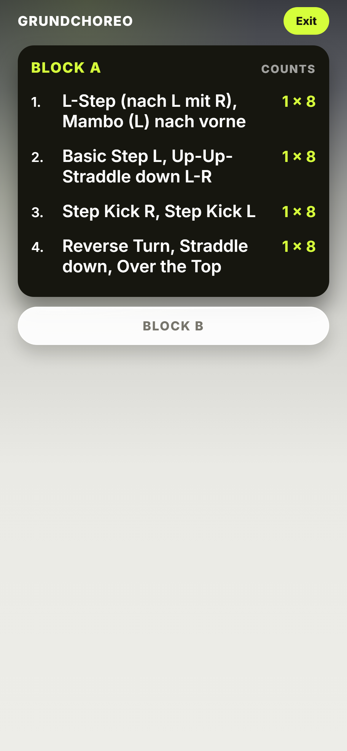 ChoreoPad in Compact mode: Block A with four moves in big type, Block B below