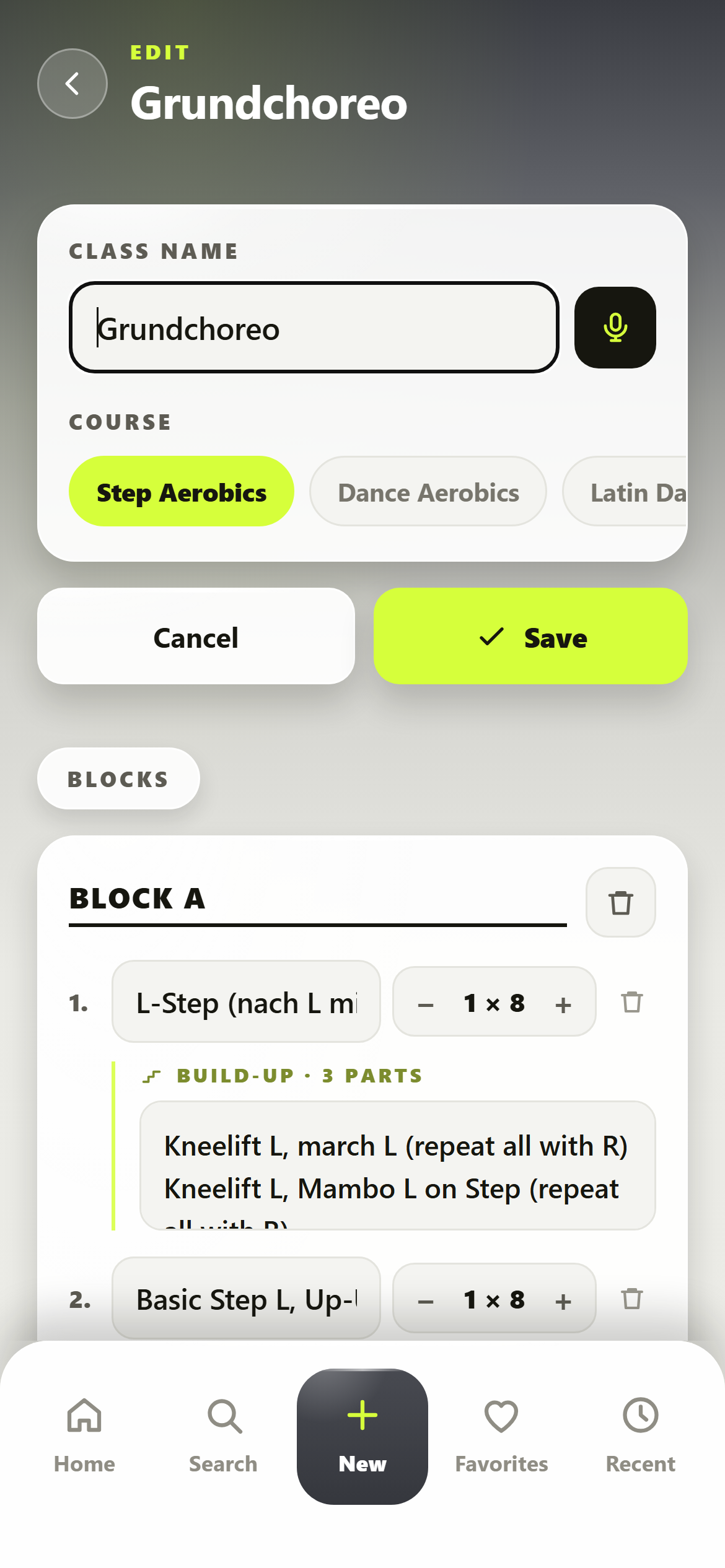 ChoreoPad: editing a class plan, microphone button next to the name field