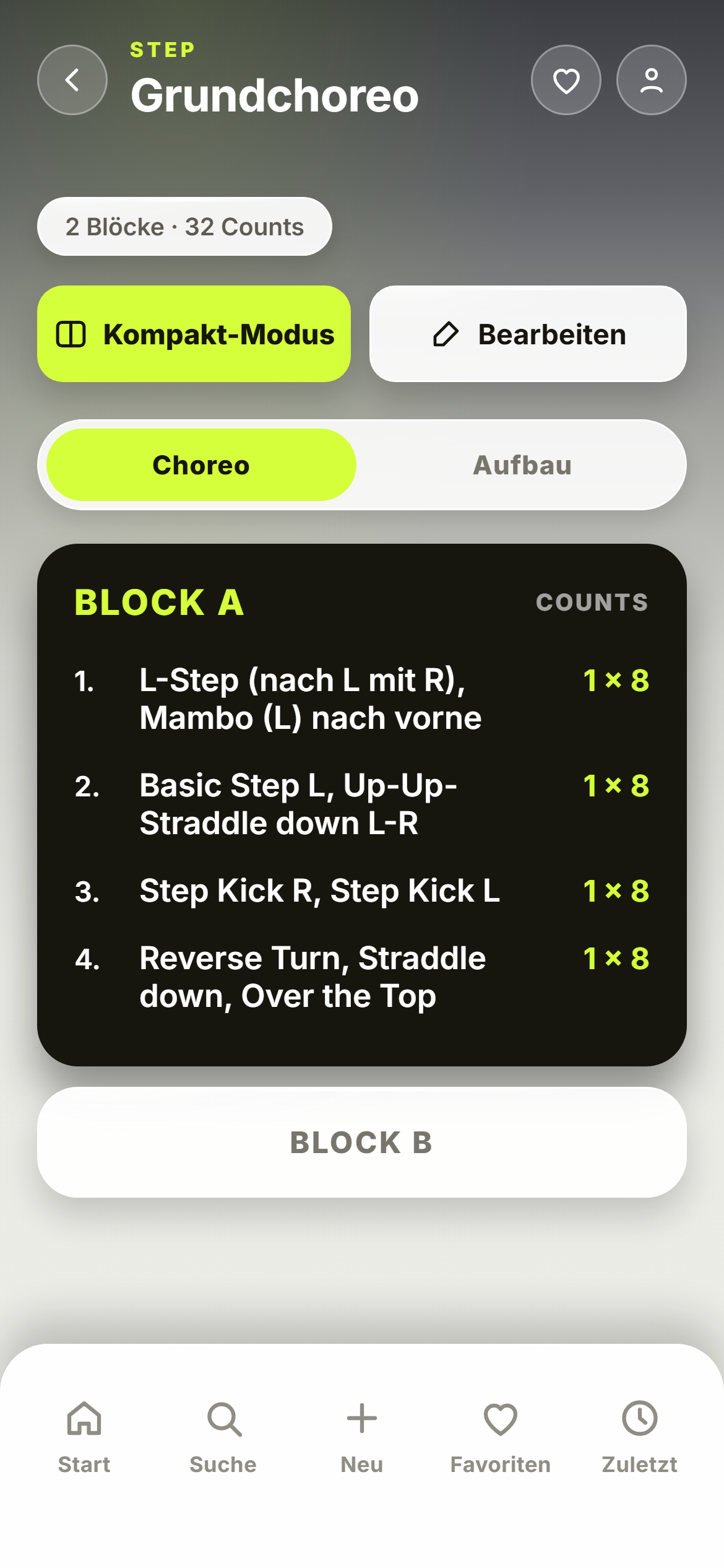 ChoreoPad: Stundenbild „Grundchoreo“ mit Block A, vier Schritten und Counts