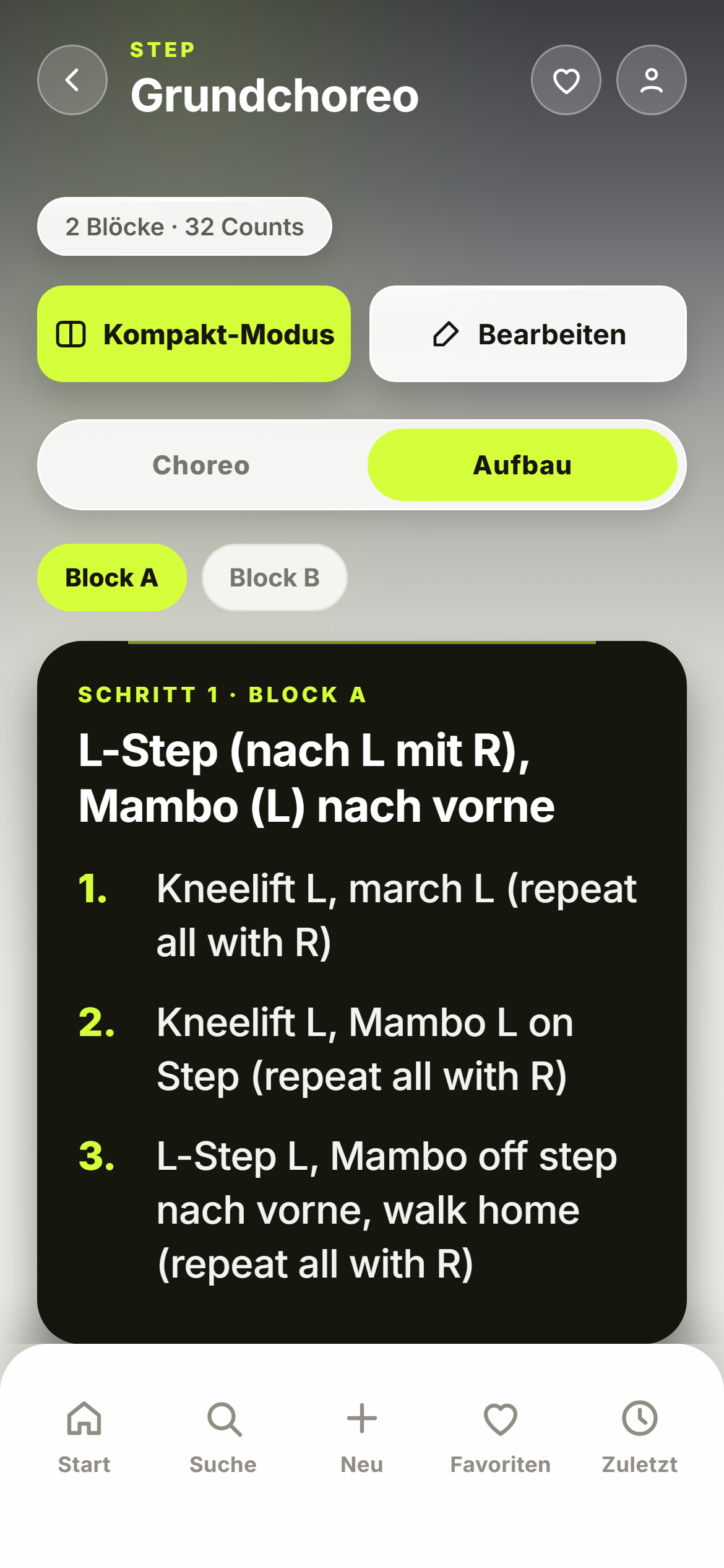 Aufbau-Modus: Schritt 1 von Block A, alle Teilschritte untereinander