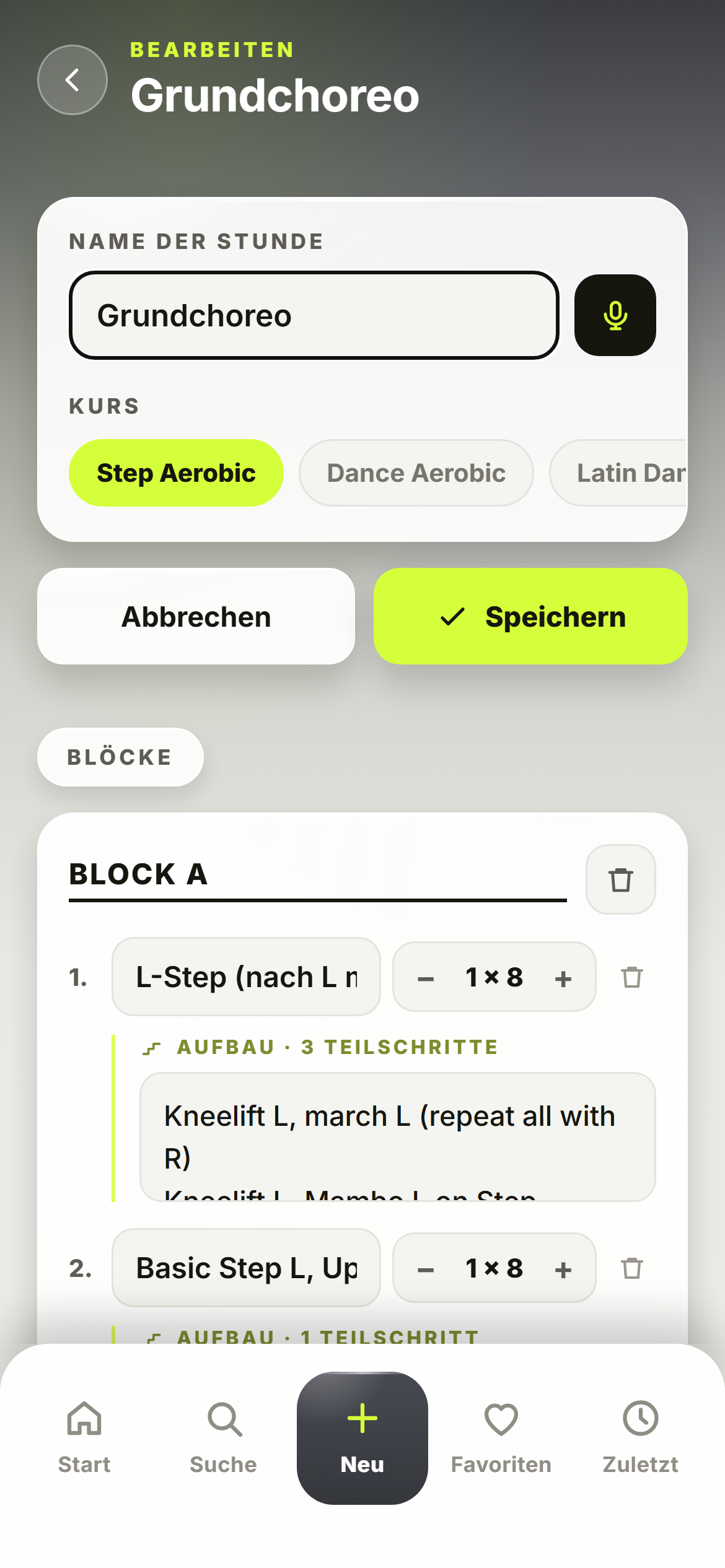 ChoreoPad: Stundenbild bearbeiten, Mikrofon-Knopf neben dem Namensfeld
