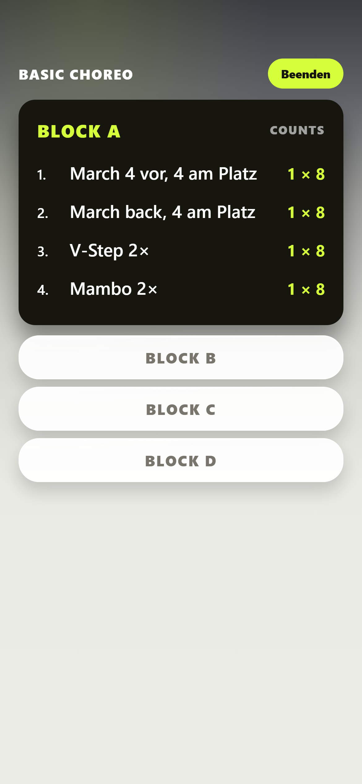 ChoreoPad im Kompakt-Modus: Block A mit vier Schritten, darunter Block B bis D als Balken