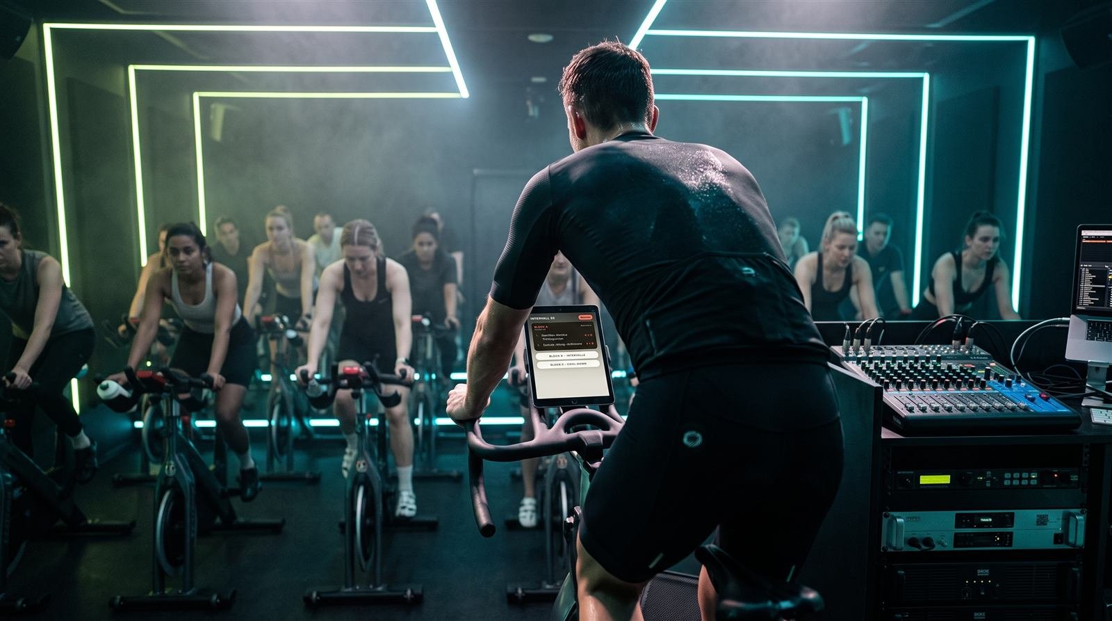 Indoor cycling studio with ChoreoPad on a tablet