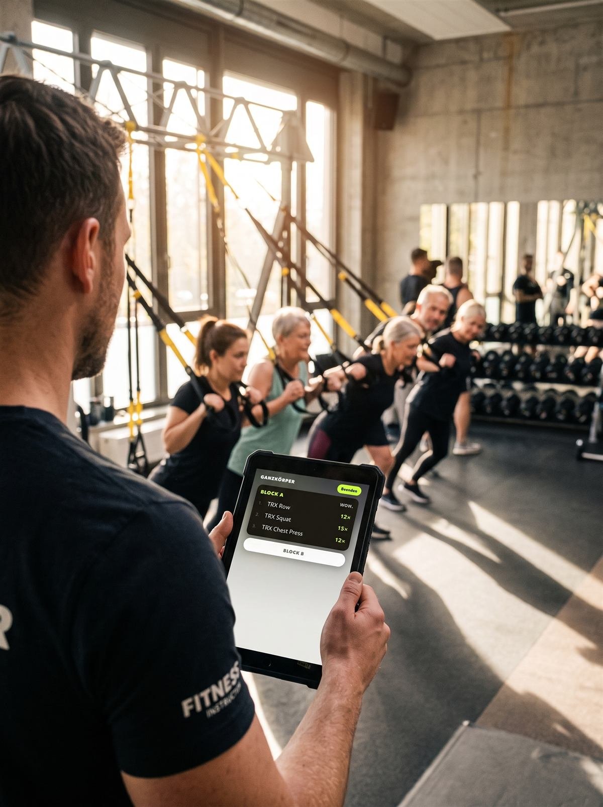 TRX class: instructor with ChoreoPad on a tablet