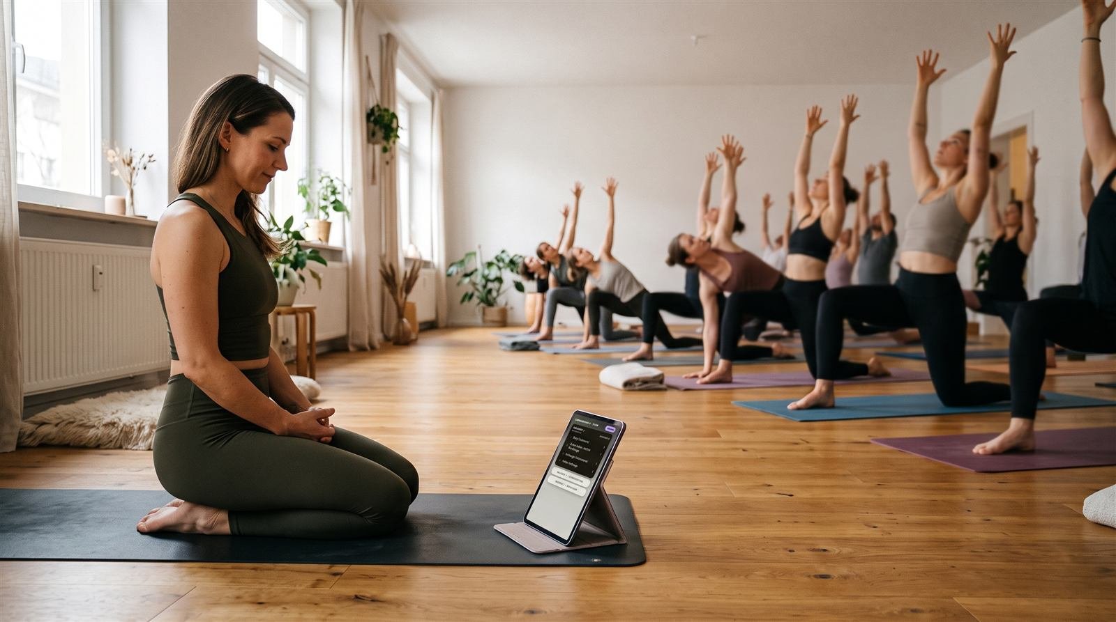 Yoga class in sun salutation with ChoreoPad
